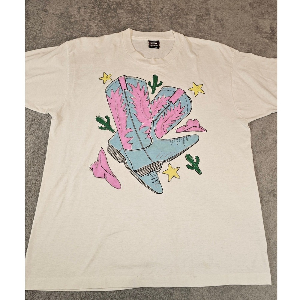 Vintage Best Fruit of the Loom Cowboy Boots Graphic Tee Cream XL Single Stitch